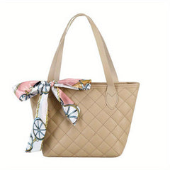 Minimalist Tote Satchel Bag Quilted Detail Handbag Solid Bag With Scarf Decor