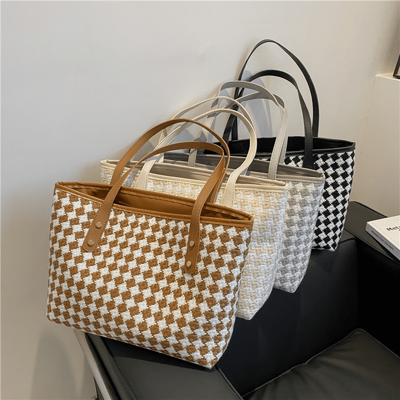 Argyle Pattern Tweed Tote Bag for Women