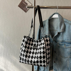 Diamond Pattern Tote Bag Canvas Durable Textured Shoulder Bag