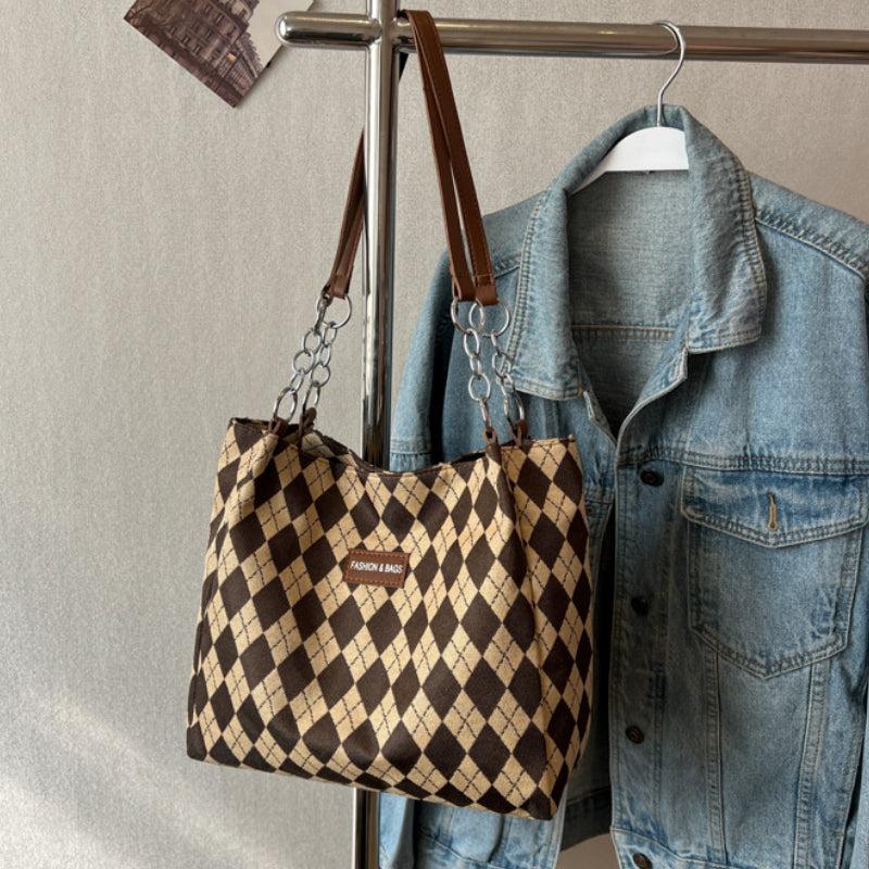 Diamond Pattern Tote Bag Canvas Durable Textured Shoulder Bag