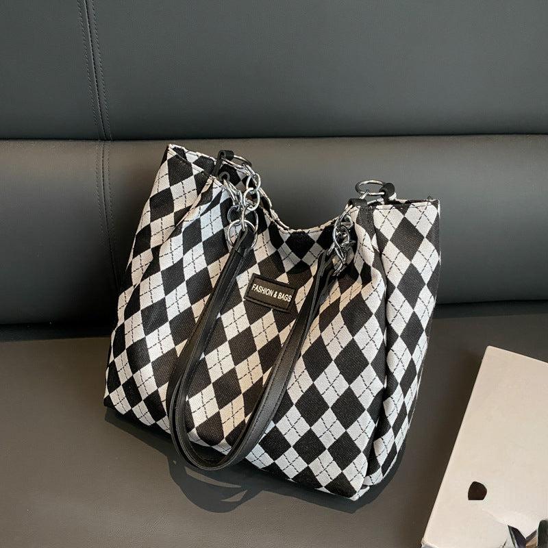 Diamond Pattern Tote Bag Canvas Durable Textured Shoulder Bag