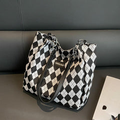 Diamond Pattern Tote Bag Canvas Durable Textured Shoulder Bag