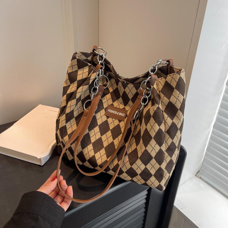 Diamond Pattern Tote Bag Canvas Durable Textured Shoulder Bag