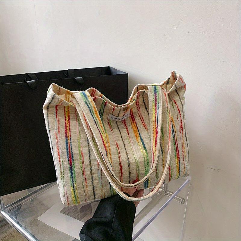 Colorful Striped Canvas Tote Bag Shoulder Bag Lightweight