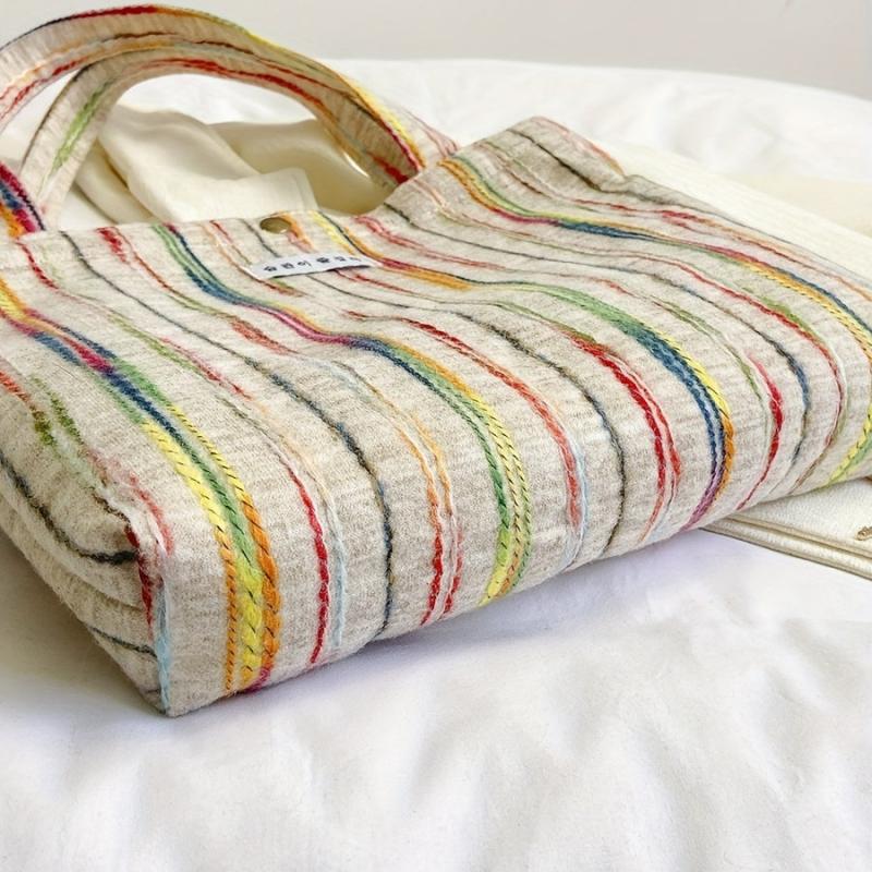 Colorful Striped Canvas Tote Bag Shoulder Bag Lightweight