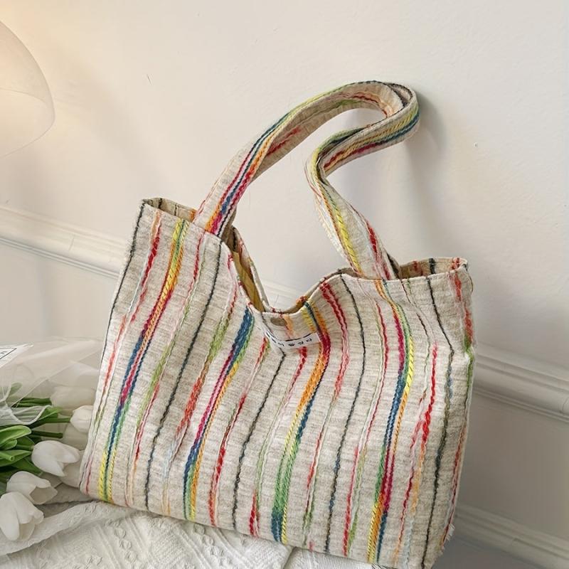 Colorful Striped Canvas Tote Bag Shoulder Bag Lightweight