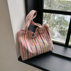 Colorful Striped Canvas Tote Bag Shoulder Bag Lightweight