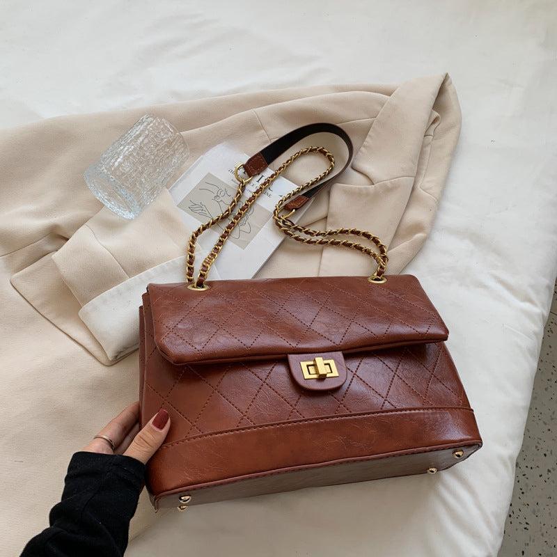 Quilted Metal Chain Crossbody Bag PU Leather Textured Flap Bag