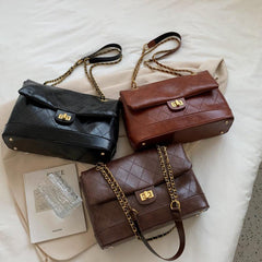 Quilted Metal Chain Crossbody Bag PU Leather Textured Flap Bag