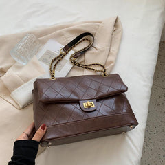 Quilted Metal Chain Crossbody Bag PU Leather Textured Flap Bag