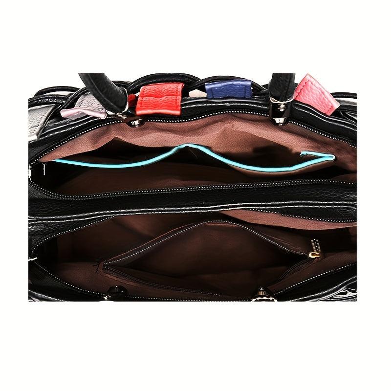 Colorblock Tote Satchel Bag with Bear Pendant