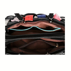 Colorblock Tote Satchel Bag with Bear Pendant