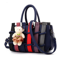 Colorblock Tote Satchel Bag with Bear Pendant