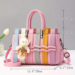Colorblock Tote Satchel Bag with Bear Pendant