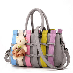 Colorblock Tote Satchel Bag with Bear Pendant