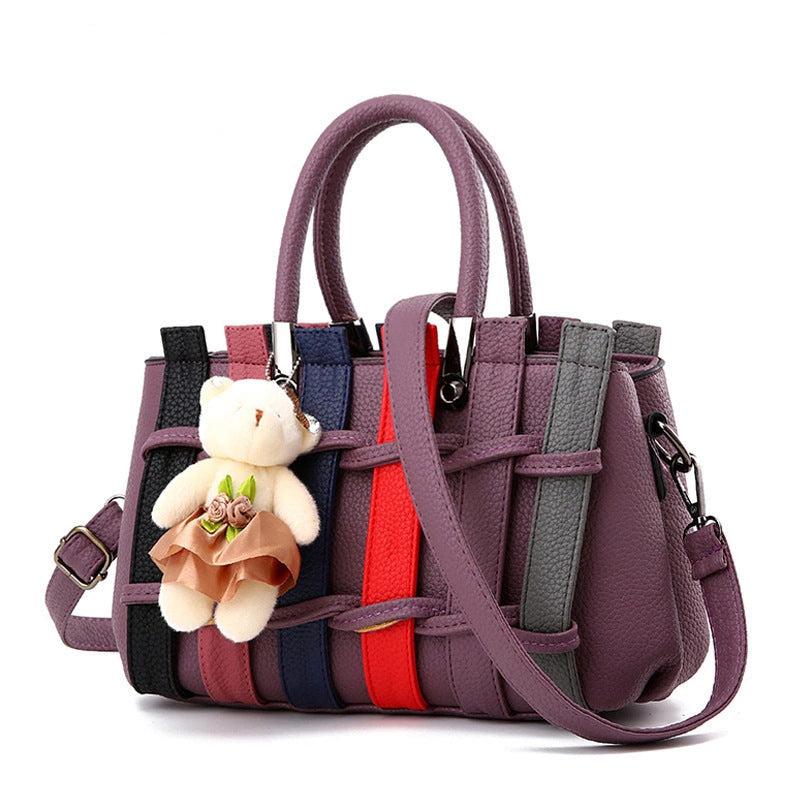 Colorblock Tote Satchel Bag with Bear Pendant