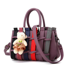 Colorblock Tote Satchel Bag with Bear Pendant