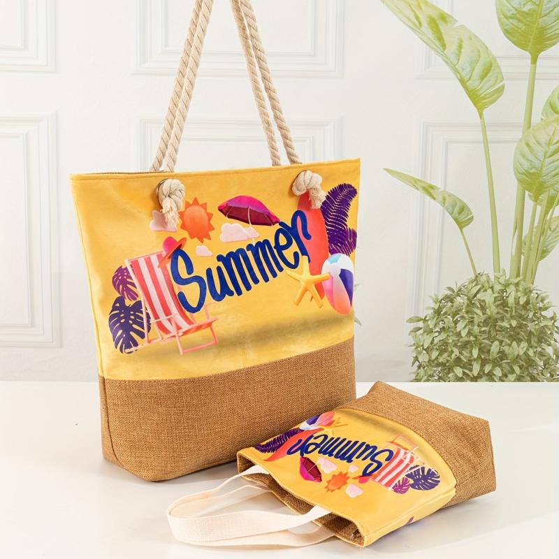Pattern Stitching Tote Bag All Match Versatile Storage Bag For Beach Travel