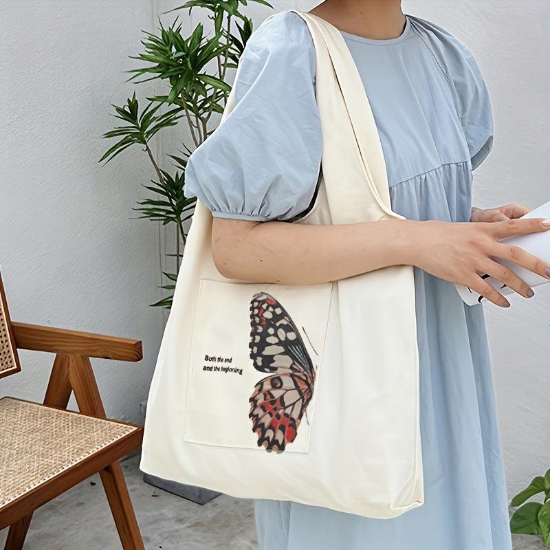 Butterfly Print Canvas Tote Bag Large Capacity Shoulder Bag