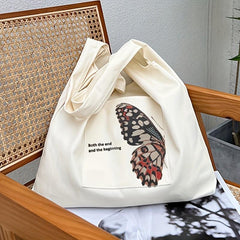 Butterfly Print Canvas Tote Bag Large Capacity Shoulder Bag