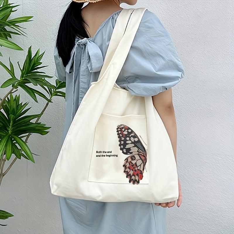 Butterfly Print Canvas Tote Bag Large Capacity Shoulder Bag
