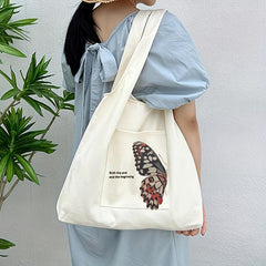 Butterfly Print Canvas Tote Bag Large Capacity Shoulder Bag