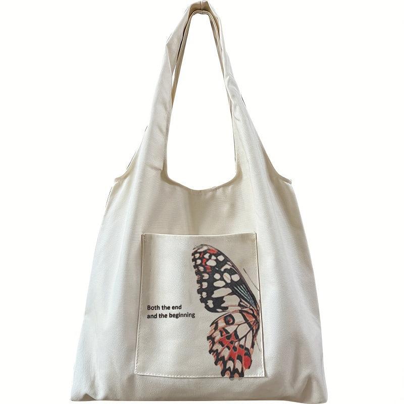 Butterfly Print Canvas Tote Bag Large Capacity Shoulder Bag