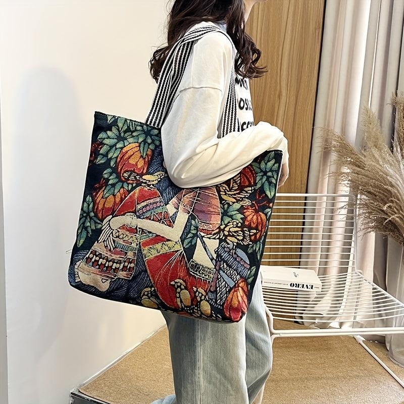 Ethnic Style Embroidery Tote Bag Vintage Canvas Shoulder Bag Large Capacity
