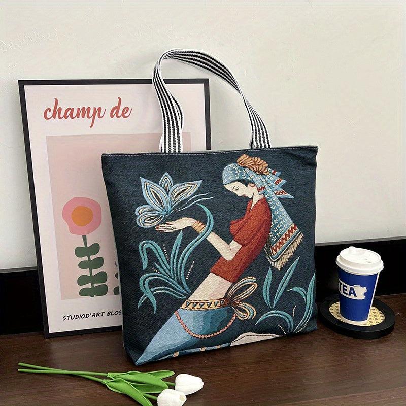 Ethnic Style Embroidery Tote Bag Vintage Canvas Shoulder Bag Large Capacity
