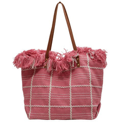 Plaid Pattern Canvas Tote Bag Tassel Trim Shoulder Bag