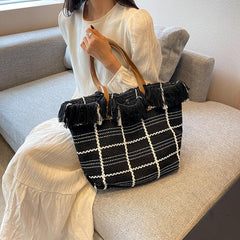 Plaid Pattern Canvas Tote Bag Tassel Trim Shoulder Bag