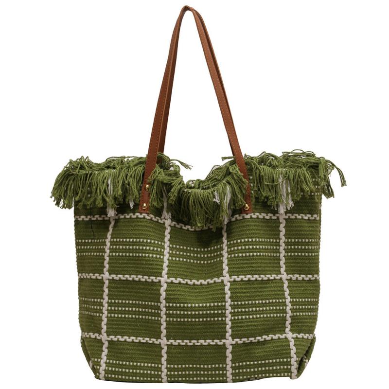 Plaid Pattern Canvas Tote Bag Tassel Trim Shoulder Bag