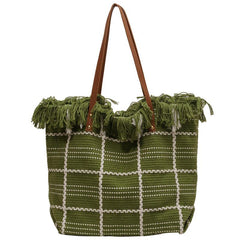 Plaid Pattern Canvas Tote Bag Tassel Trim Shoulder Bag