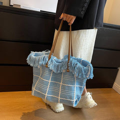 Plaid Pattern Canvas Tote Bag Tassel Trim Shoulder Bag