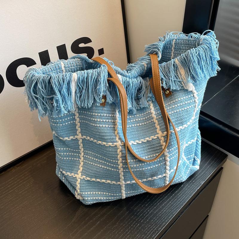 Plaid Pattern Canvas Tote Bag Tassel Trim Shoulder Bag