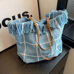 Plaid Pattern Canvas Tote Bag Tassel Trim Shoulder Bag