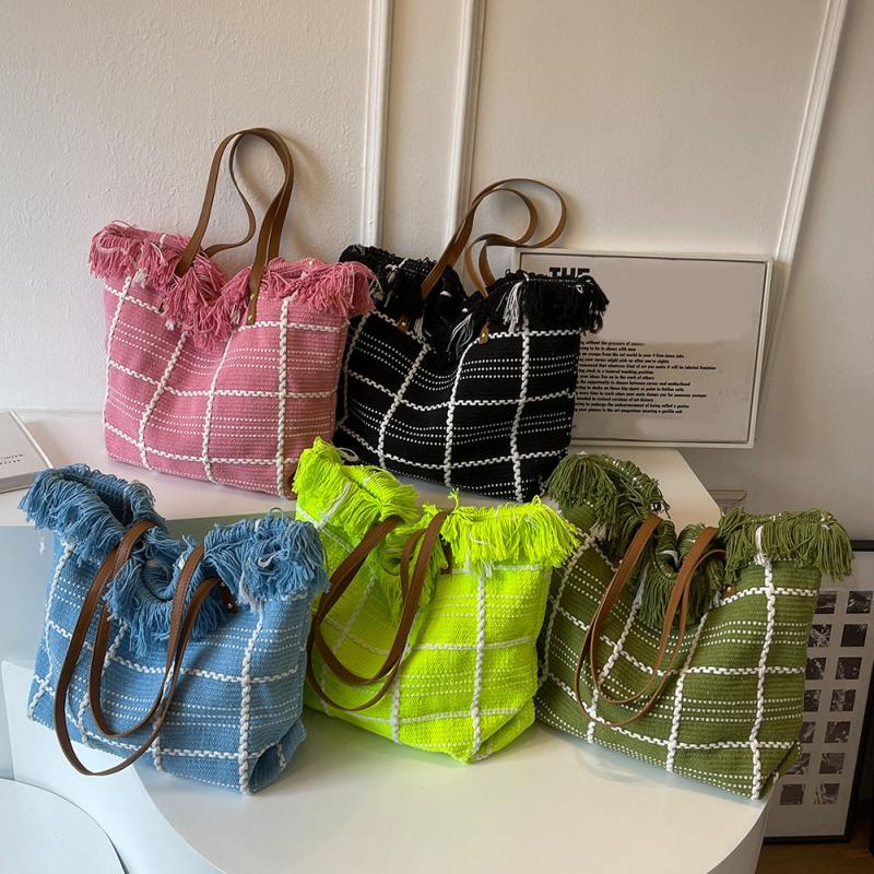 Plaid Pattern Canvas Tote Bag Tassel Trim Shoulder Bag