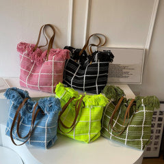 Plaid Pattern Canvas Tote Bag Tassel Trim Shoulder Bag