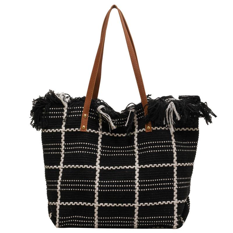 Plaid Pattern Canvas Tote Bag Tassel Trim Shoulder Bag