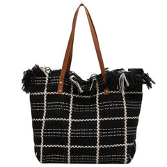Plaid Pattern Canvas Tote Bag Tassel Trim Shoulder Bag
