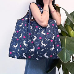 Unicorn Print Nylon Tote Bag Reusable Grocery Shopping Foldable Large