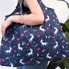 Unicorn Print Nylon Tote Bag Reusable Grocery Shopping Foldable Large