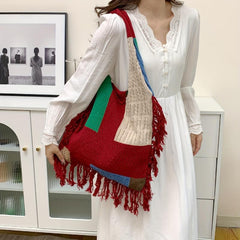 Vintage Tassel Tote Bag Woven Handbag