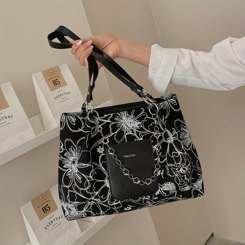 Vintage Flower Pattern Tote Bag Large Capacity Chain Handbag for Women