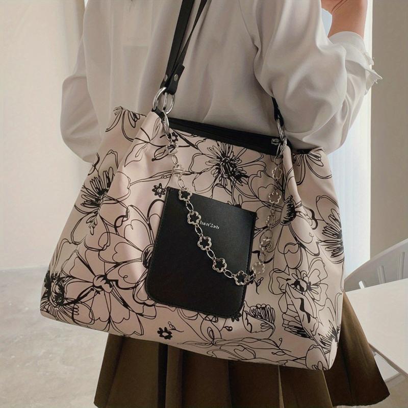 Vintage Flower Pattern Tote Bag Large Capacity Chain Handbag for Women