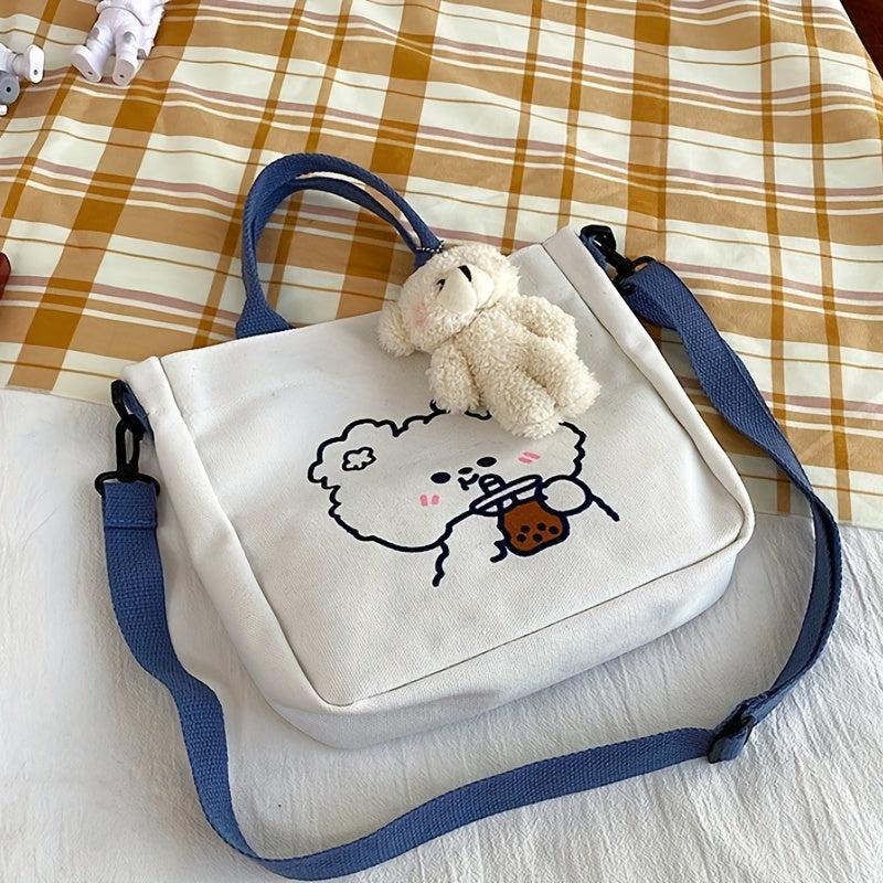 Cartoon Bear Print Tote Bag Canvas Shoulder Bag With Pendant