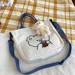 Cartoon Bear Print Tote Bag Canvas Shoulder Bag With Pendant