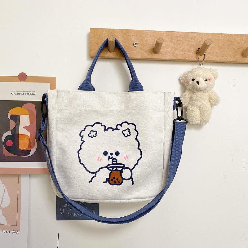 Cartoon Bear Print Tote Bag Canvas Shoulder Bag With Pendant