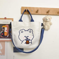 Cartoon Bear Print Tote Bag Canvas Shoulder Bag With Pendant
