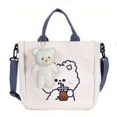 Cartoon Bear Print Tote Bag Canvas Shoulder Bag With Pendant